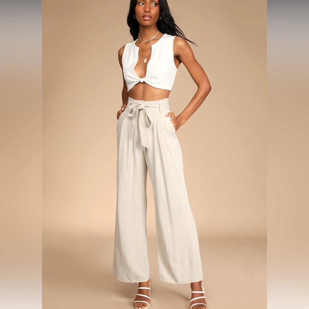 Alex Marie NEW linen pants Wide Leg Tie Front Pull On women's Size L Oat Beige